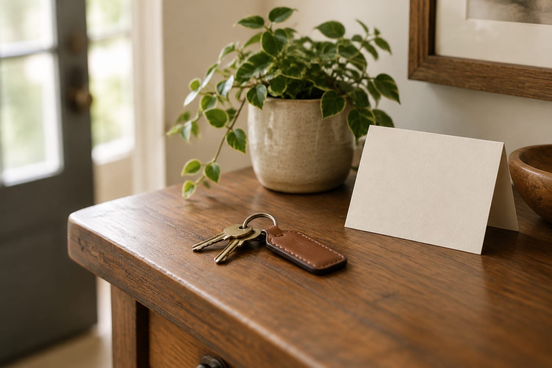 House keys waiting on an entry table in a move-in-ready home